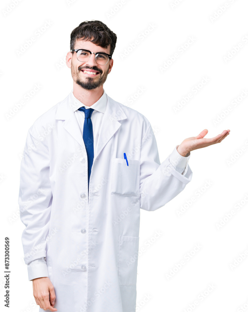 Young professional scientist man wearing white coat over isolated background smiling cheerful presenting and pointing with palm of hand looking at the camera. Young professional scientist man wearing white coat over isolated background smiling cheerful presenting and pointing with palm of hand looking at the camera.