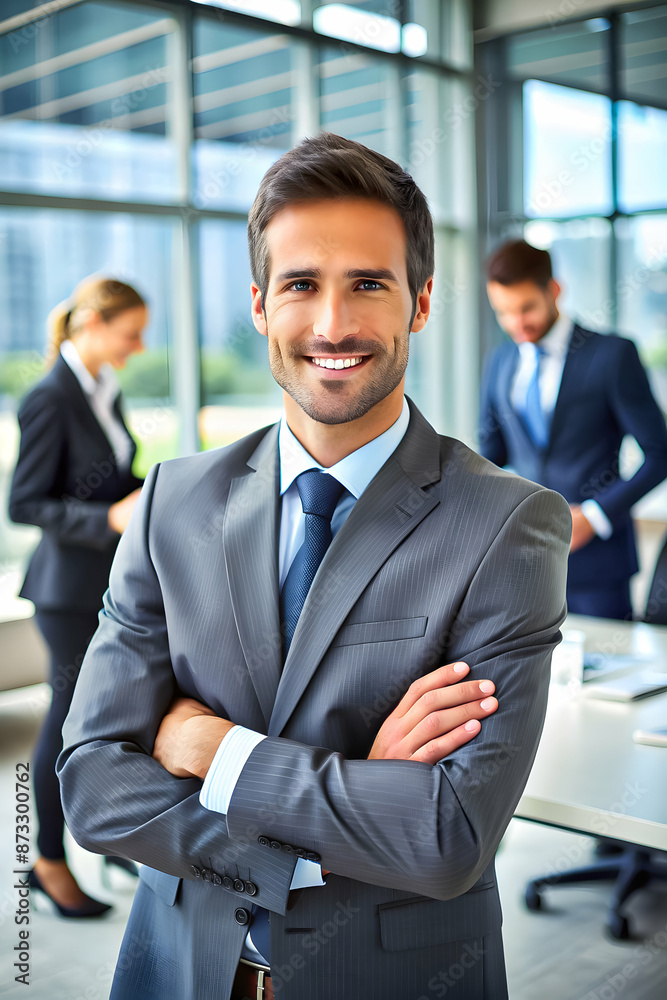 Confident businessman with a friendly smile, standing in an office environment, arms crossed. Confident businessman with a friendly smile, standing in an office environment, arms crossed.