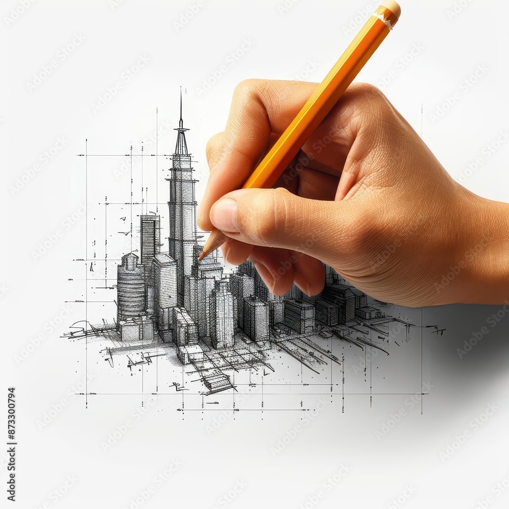person holding a pencil drawing a city on a piece of paper Stock Photo ...
