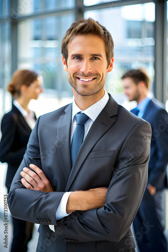 Handsome businessman smiling confidently, standing with arms crossed in a corporate office setting.
