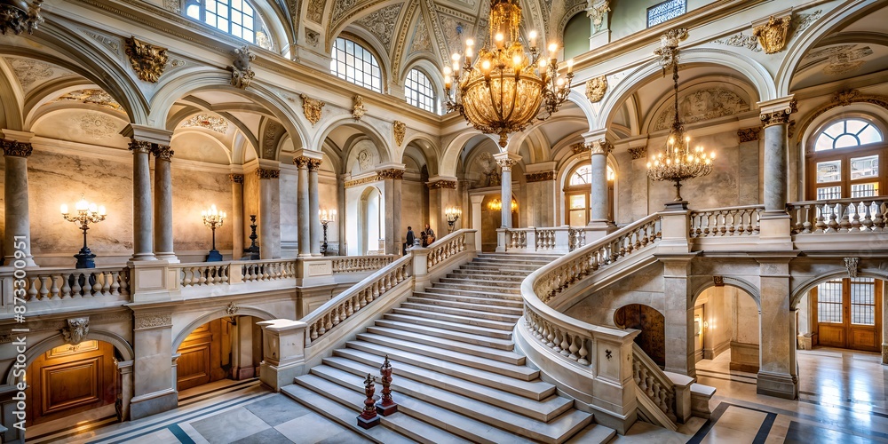 Elegant marble staircase curves upward in a grand art museum, surrounded by ornate chandeliers, columns, and classical architecture, bathed in soft, natural light. Elegant marble staircase curves upward in a grand art museum, surrounded by ornate chandeliers, columns, and classical architecture, bathed in soft, natural light.