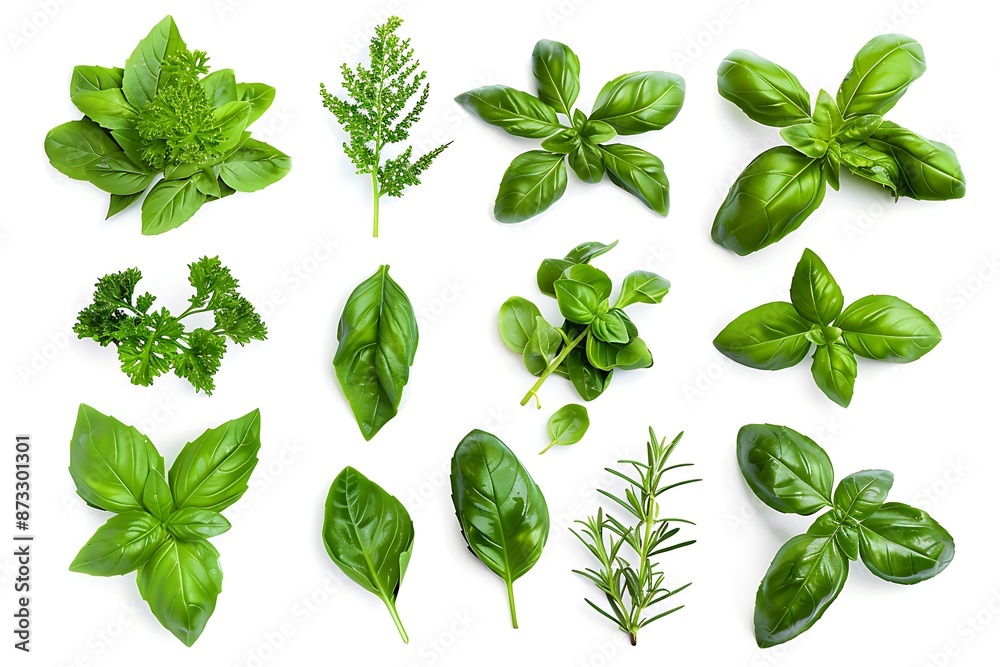Green Basil Leaves and Other Herbs Isolated on White Illustration Green Basil Leaves and Other Herbs Isolated on White Illustration