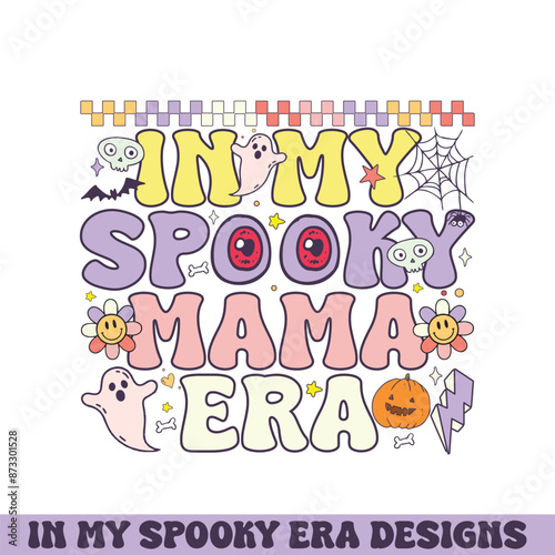 In my spooky mama era retro groovy Happy Halloween designs © Tees