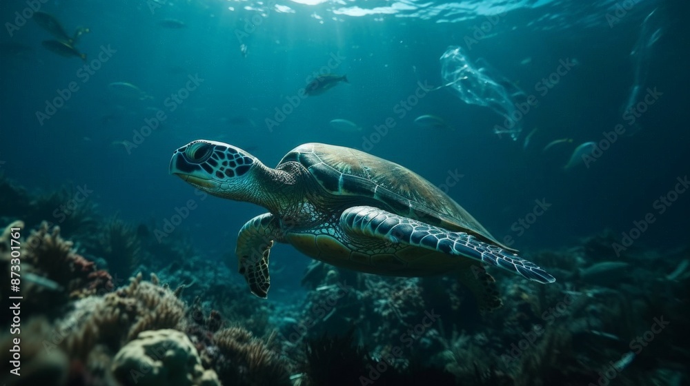 Sea turtle swimming amidst plastic debris in the ocean Sea turtle swimming amidst plastic debris in the ocean