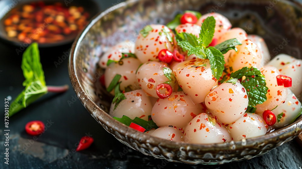 spicy lychee salad, Thai style lychee salad in ceramic bowl spicy lychee salad, Thai style lychee salad in ceramic bowl