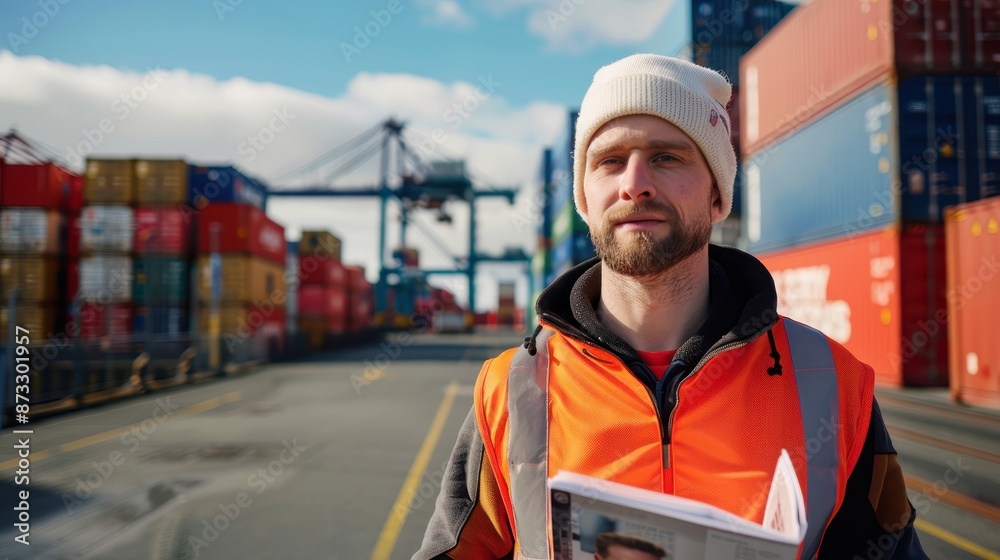 Man in a high-visibility orange jacket and a white beanie, holding a clipboard, standing in a shipping container yard with various stacked containers and a gantry crane in the background Man in a high-visibility orange jacket and a white beanie, holding a clipboard, standing in a shipping container yard with various stacked containers and a gantry crane in the background