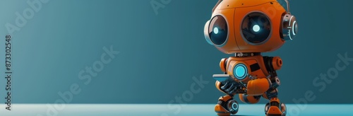 Orange Robot Using A Smartphone Against A Blue Background