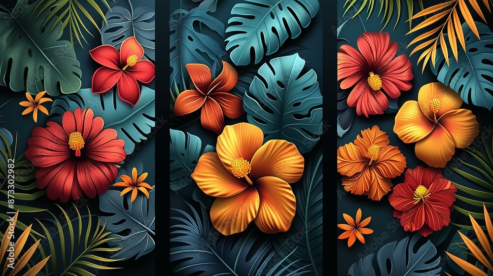 Tropical patterns with palm leaves, exotic flowers, and vibrant colors, bringing a tropical paradise to your projects. , Minimalism, Tropical patterns with palm leaves, exotic flowers, and vibrant colors, bringing a tropical paradise to your projects. , Minimalism,
