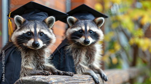 Raccoons graduation cap gown standing outdoors looking happy. Concept education, graduate, leader