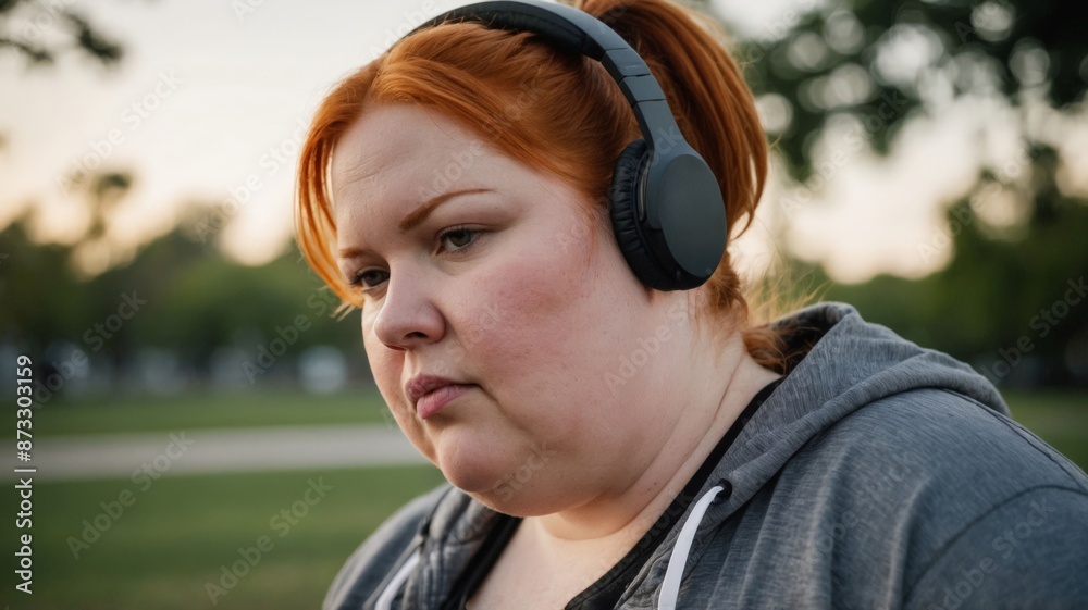Obese redhead woman in gym clothes, wearing headphones, park in the background, concept of physical exercises, healthy life. Obese redhead woman in gym clothes, wearing headphones, park in the background, concept of physical exercises, healthy life.