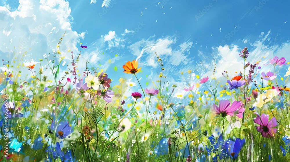 A vibrant meadow with colorful wildflowers under a bright blue sky, showcasing the beauty of nature in full bloom. A vibrant meadow with colorful wildflowers under a bright blue sky, showcasing the beauty of nature in full bloom.