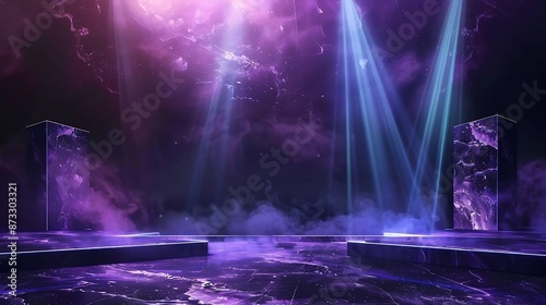 Onyx neon light product background stage on black crystal floor with mysterious glow spotlight, in enigmatic style © WOW