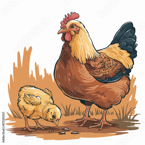 Vector Sketch Set of Poultry Birds. Chick and Hen.