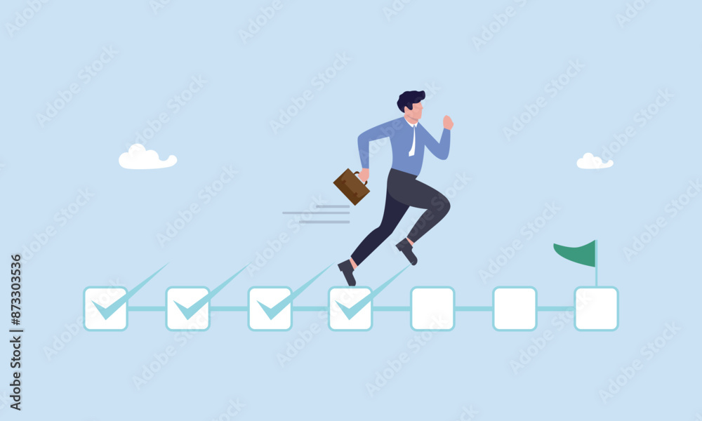 Businessman project manager running on completed checkbox to reach goal, project management, task tracking or work progress, tracking finish or completed tasks, planning or productivity concept. Businessman project manager running on completed checkbox to reach goal, project management, task tracking or work progress, tracking finish or completed tasks, planning or productivity concept.