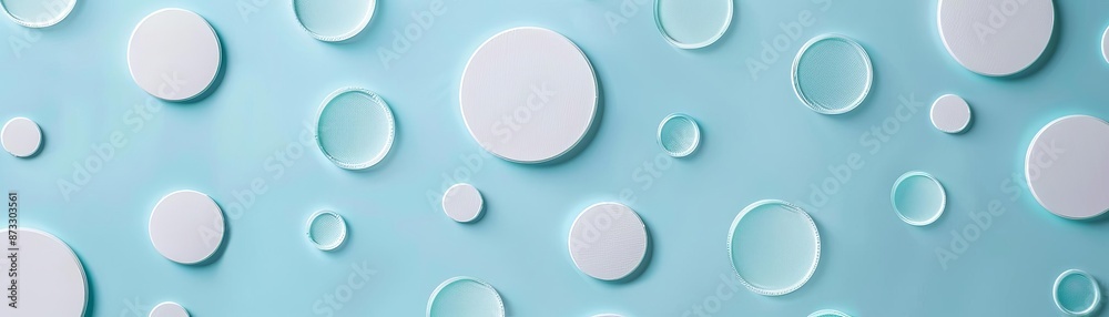 Abstract light blue background with 3D white circular cutouts creating a modern and minimalistic design aesthetic. Abstract light blue background with 3D white circular cutouts creating a modern and minimalistic design aesthetic.