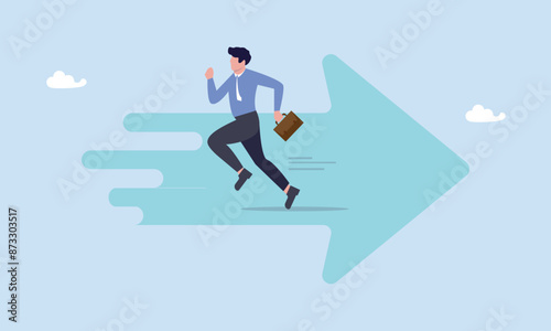 Confused businessman running in wrong opposite direction of trend arrow, wrong direction lead to mistake, leadership decision to be difference or opposite, mislead or false to get lost concept.