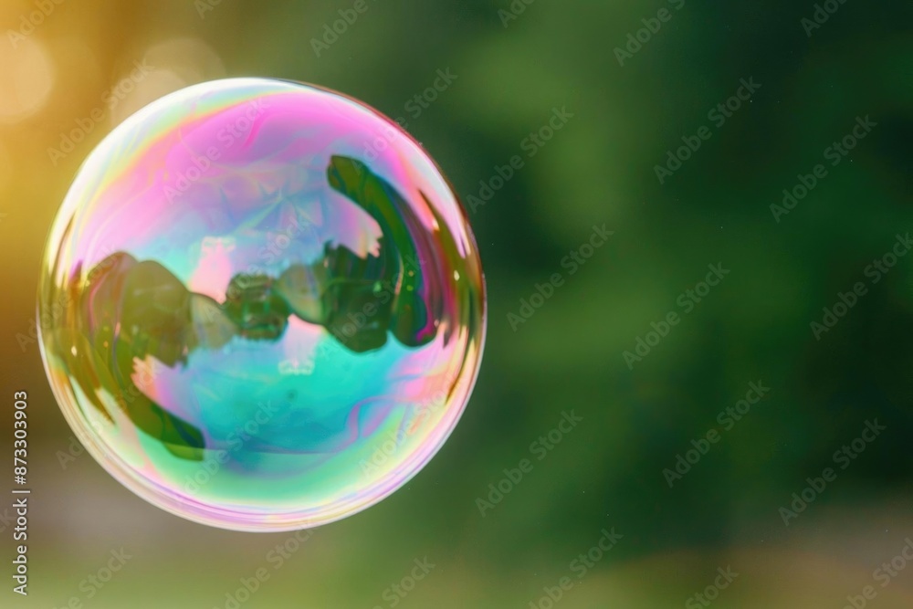 A single iridescent soap bubble floats in the air, reflecting the surrounding greenery and sunlight. A single iridescent soap bubble floats in the air, reflecting the surrounding greenery and sunlight.