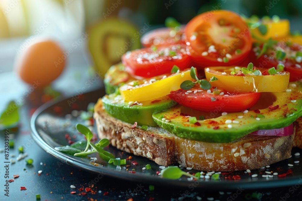 Close-up of a delicious open-faced sandwich with avocado, tomato, cucumber and sesame seeds on a black plate.