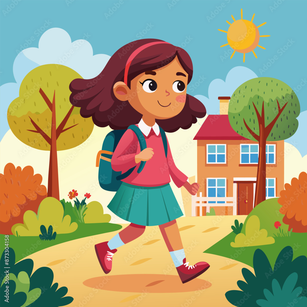 Fototapeta premium Vector illustration of a girl going to school with a backpack Vector illustration of a girl going to school with a backpack