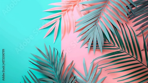 Palm tree leaves in a geometric style on a flamingo pink and cyan blue background, minimalistic and colorful © WOW