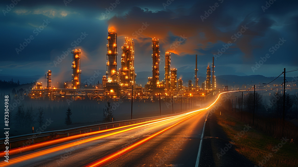 Nighttime photograph of an oil refinery with full lighting, captured from ground level. Nighttime photograph of an oil refinery with full lighting, captured from ground level.