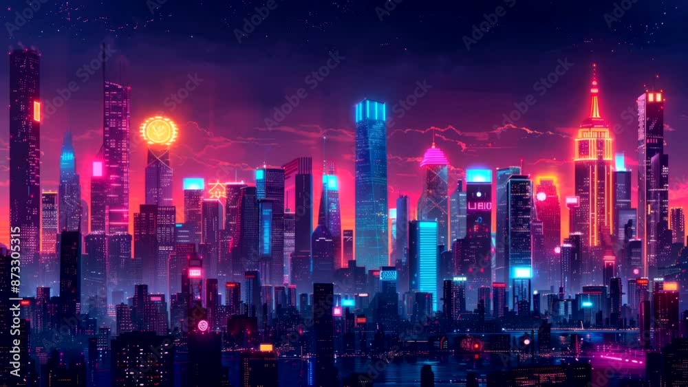 Futuristic cityscape with neon lights at night and dramatic skyline. Urban sci-fi concept Futuristic cityscape with neon lights at night and dramatic skyline. Urban sci-fi concept