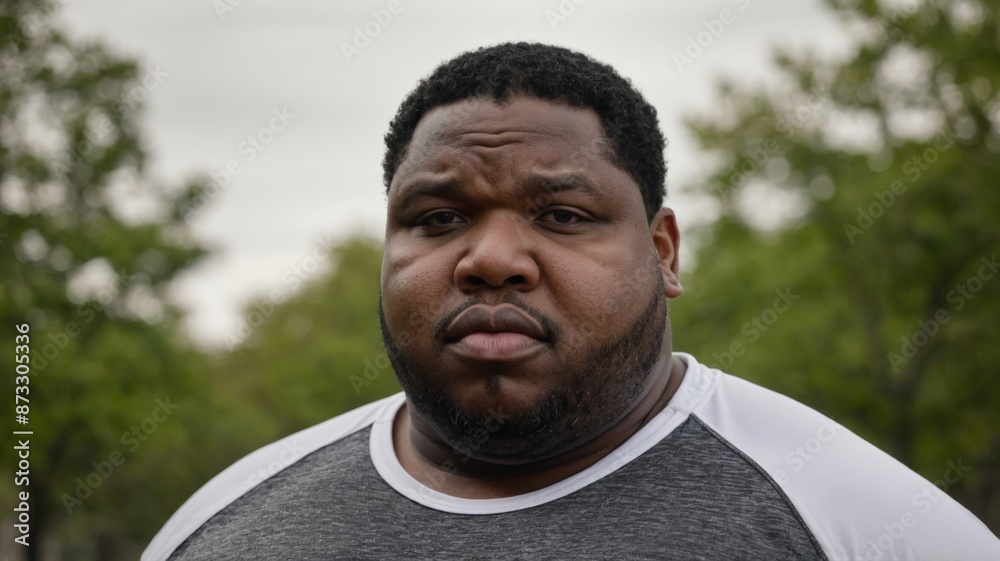 Obese black man wearing gym clothes, park in the background, concept of physical exercises, healthy life. Obese black man wearing gym clothes, park in the background, concept of physical exercises, healthy life.