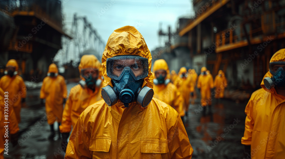 Worker uniform industrial factory, makes survey, checking equipment against background