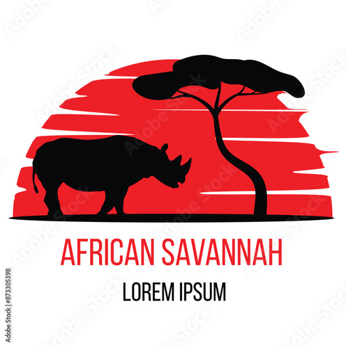 Rhino and Tree Silhouette in Savannah Sunlight Icon. Nature and wildlife concept vector art photo