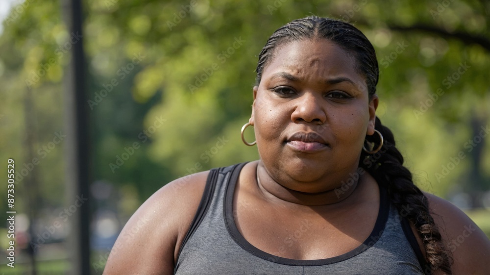 Obese black woman in gym clothes, park in the background, concept of physical exercise, healthy life.