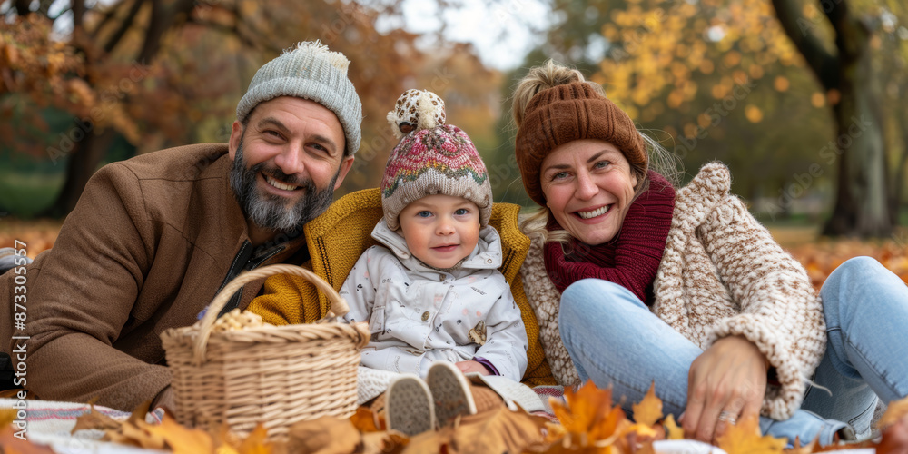 Obraz premium Family Picnic in Autumn Park with Colorful Leaves
