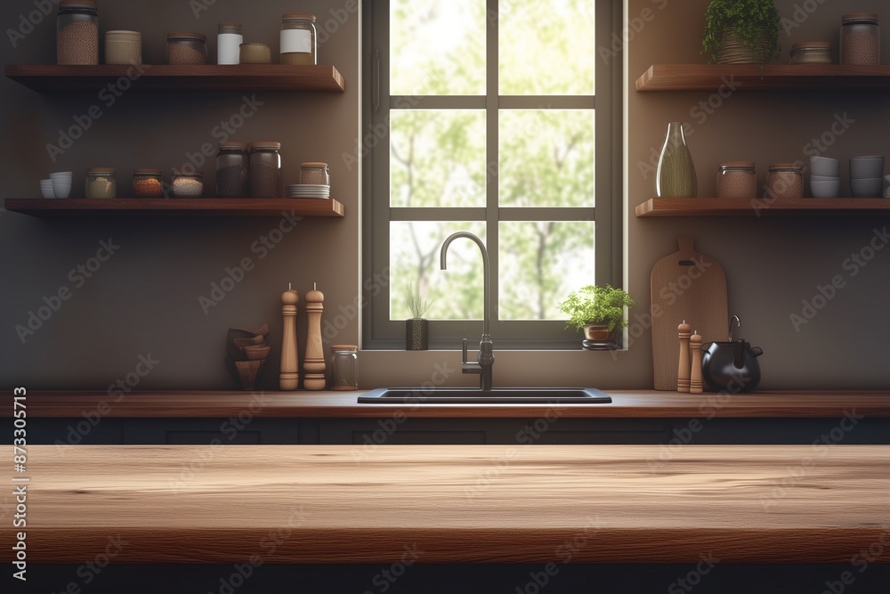 Beautiful natural wooden table with kitchen background Beautiful natural wooden table with kitchen background
