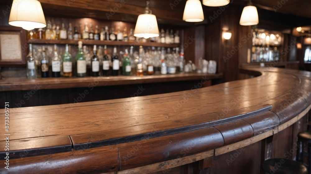 Wooden counter of an old bar from the 1950s, wooden bar in the background with drinks. Wooden counter of an old bar from the 1950s, wooden bar in the background with drinks.