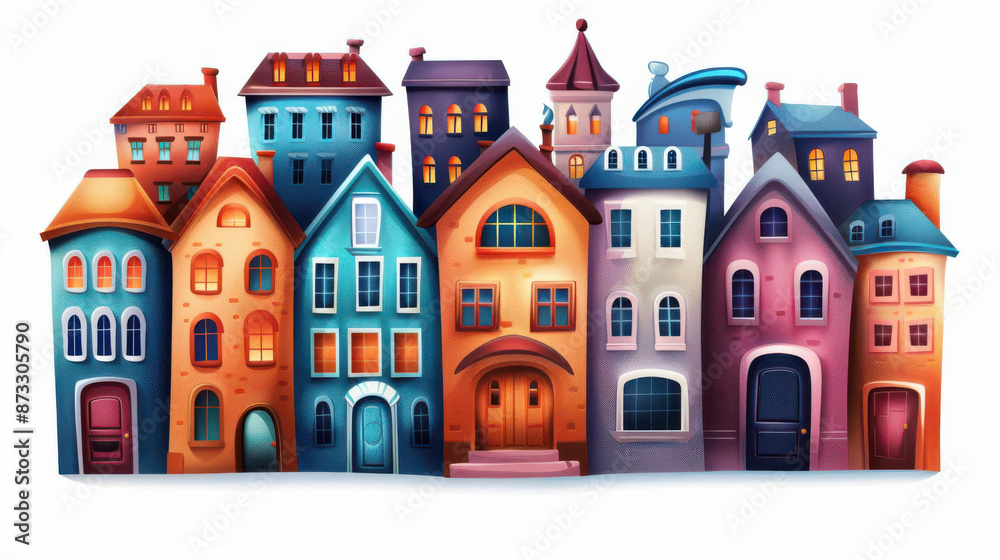 Colorful cartoon-style row of houses with varied architecture, vibrant exteriors, and whimsical details set against a white background. Colorful cartoon-style row of houses with varied architecture, vibrant exteriors, and whimsical details set against a white background.