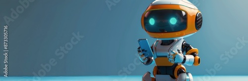 Orange Robot Using A Smartphone Against A Blue Background