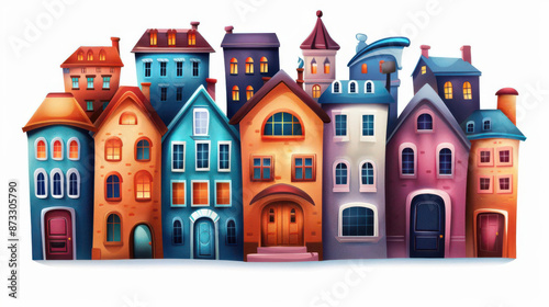 Colorful cartoon-style row of houses with varied architecture, vibrant exteriors, and whimsical details set against a white background.