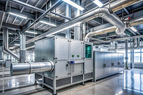 Sleek modern air handling unit with digital display andnetwork of ducts regulating airflow and filtering air quality in a large commercial building's mechanical room.
