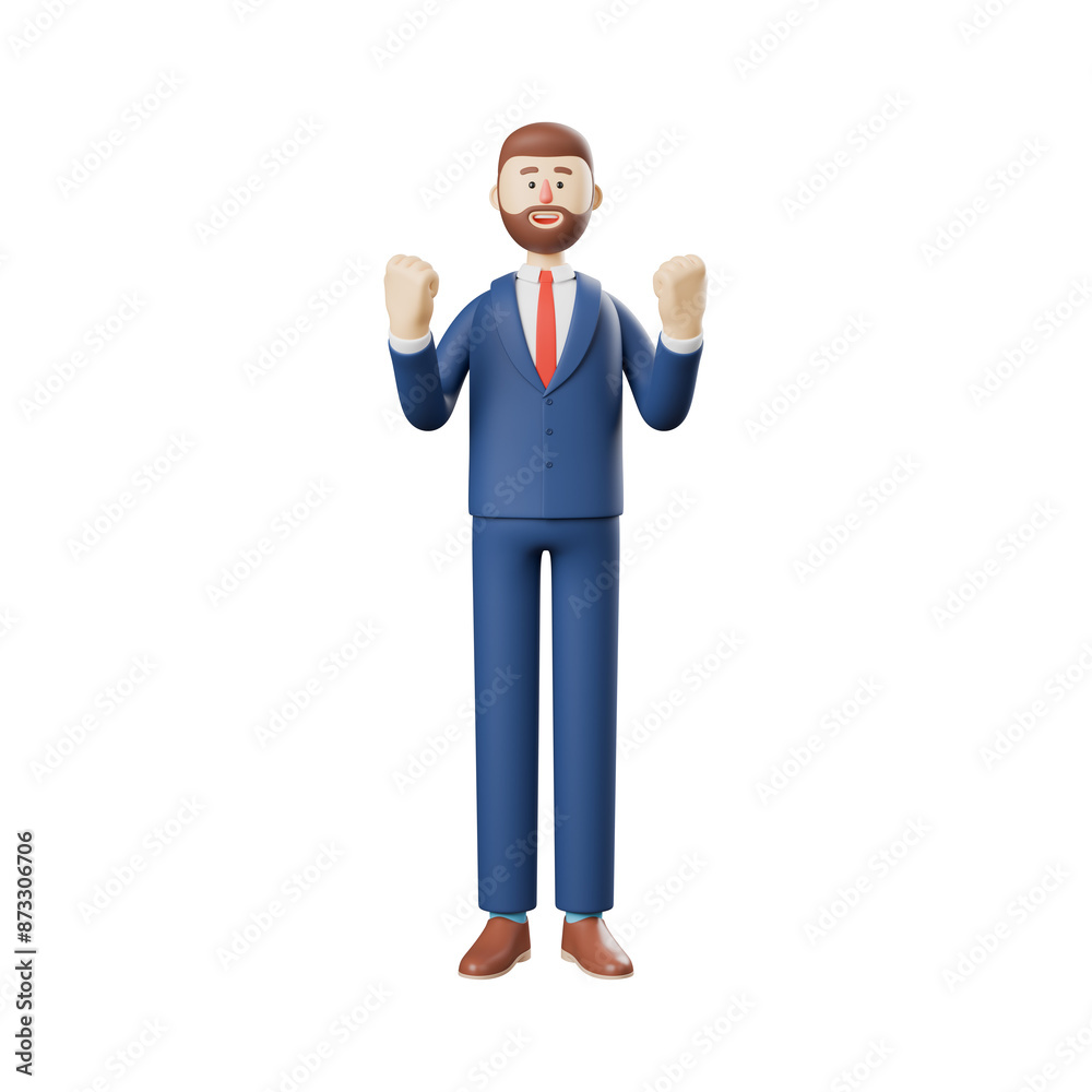 3D illustration of smiling bearded businessman very happy and excited doing winner gesture with arms raised, smiling and screaming for success. 3D rendering on white background.