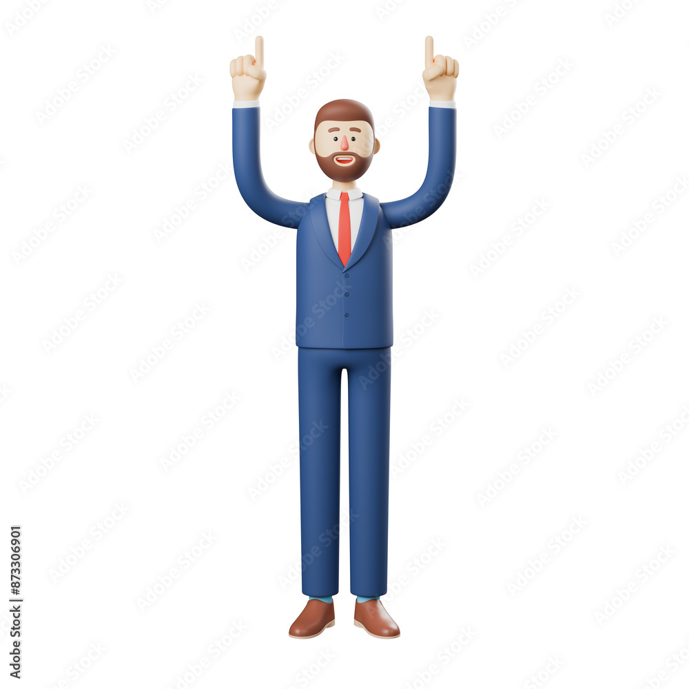 3D illustration of smiling bearded businessman with finger pointing up hand gesture. 3D rendering on white background. Perfect for Web banner, start site page, infographics. 3D illustration of smiling bearded businessman with finger pointing up hand gesture. 3D rendering on white background. Perfect for Web banner, start site page, infographics.