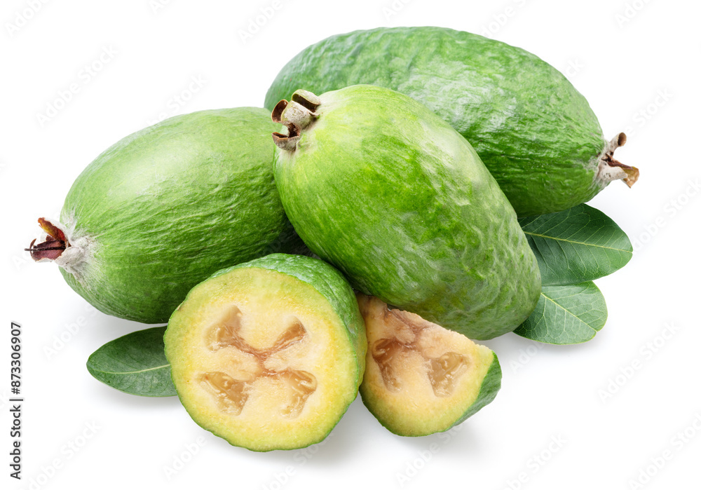 Feijoa fruits with leaf and slice of feijoa isolated on white background. Feijoa fruits with leaf and slice of feijoa isolated on white background.