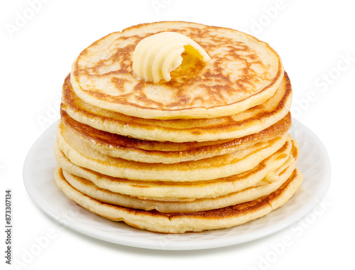 Stack of pancakes with butter swirl on top on white plate. PNG transparent background.