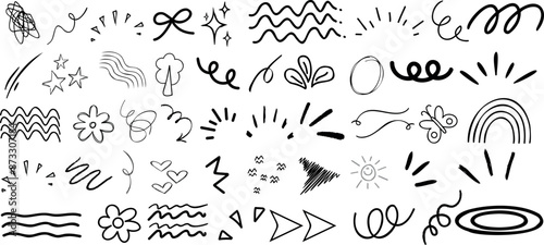 Kids line doodle scribble vector features scribble, stars, arrows, flowers, hearts, waves, spirals, rainbow, sun. Perfect for design, illustration, decoration, creativity, fun