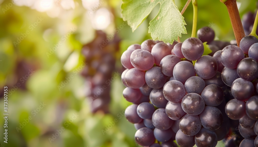 Fototapeta premium A vibrant close-up of a cluster of ripe purple grapes bathed in sunlight, hanging from a vine in a lush vineyard, capturing the essence of summertime harvest.