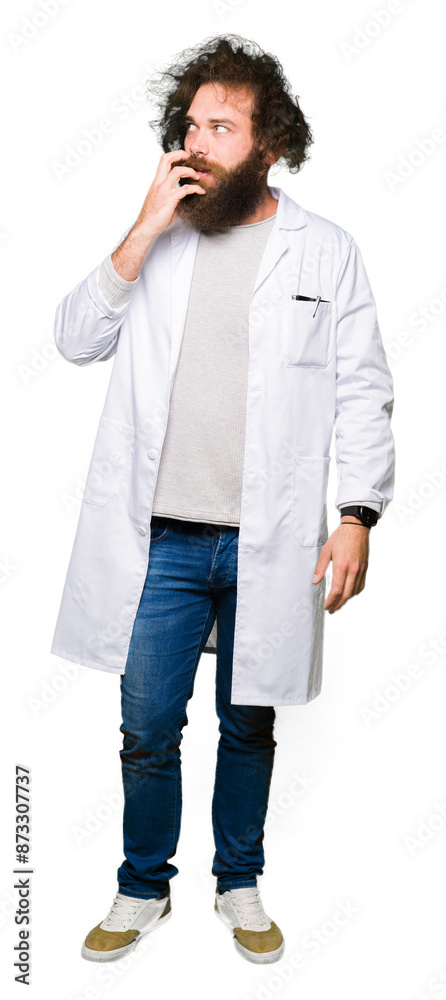 Crazy scientist with funny long hair looking stressed and nervous with hands on mouth biting nails. Anxiety problem. Crazy scientist with funny long hair looking stressed and nervous with hands on mouth biting nails. Anxiety problem.