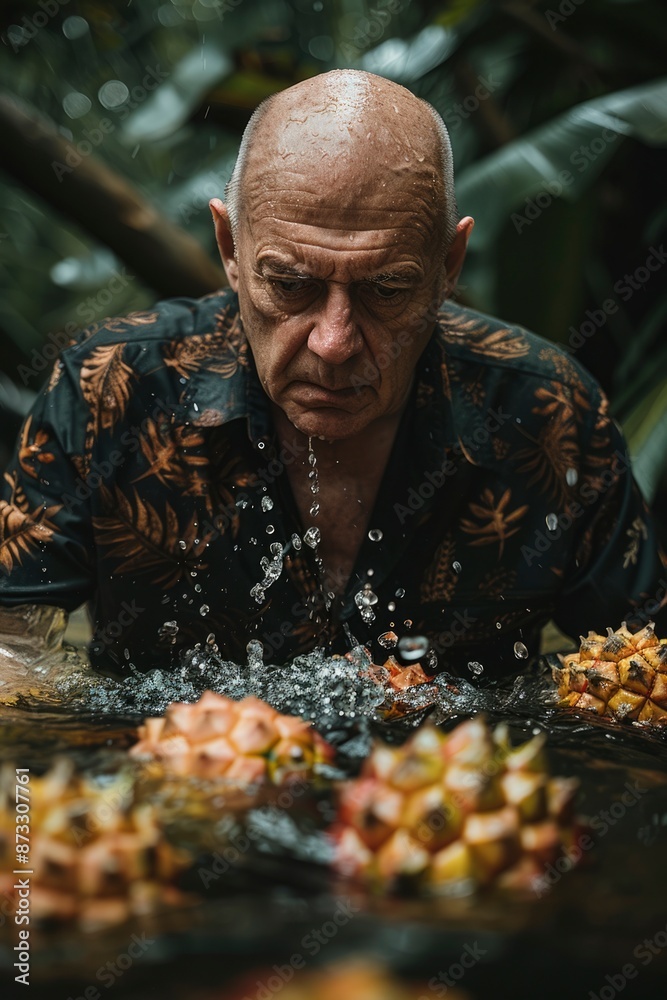 Man in Tropical Shirt Submerged in Water with Pineapples Man in Tropical Shirt Submerged in Water with Pineapples