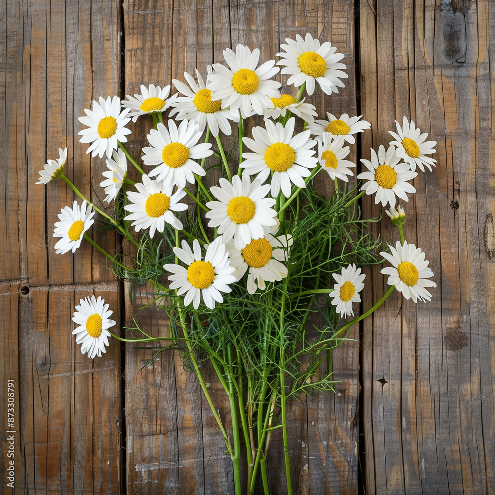 Fototapeta premium An aesthetically pleasing bunch of fresh white daisies with vibrant yellow centers placed on a rustic wooden background, creating a serene and natural visual appeal.