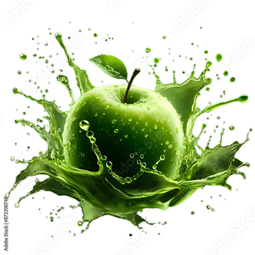 Green apple light yellow splash horizon of a liquid similar to juice or punch transparent background png image photo picture cut out download