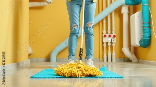 Person sweeping a basement floor, exposed pipes, clean and organized storage area photo
