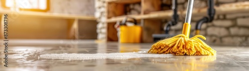 Sweeping an unfinished basement, rustic walls and clean floor, organized and efficient area