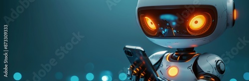 White Robot Using Smartphone With Glowing Eyes in a Blue Setting